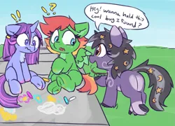 Size: 1245x894 | Tagged: safe, artist:rivibaes, derpibooru import, oc, oc:amaranth, oc:rivibaes, oc:zesty, insect, pegasus, pony, unicorn, chalk, dialogue, exclamation point, female, filly, foal, image, interrobang, png, question mark, scared, speech bubble