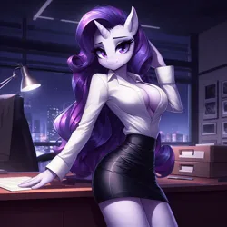Size: 1024x1024 | Tagged: prompter needed, safe, ai content, derpibooru import, machine learning generated, rarity, anthro, unicorn, breasts, busty rarity, cleavage, clothes, female, generator:bing image creator, generator:dall-e 3, image, jpeg, looking at you, miniskirt, night, shirt, skirt, solo, solo female