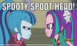 Size: 1961x1170 | Tagged: safe, derpibooru import, screencap, aria blaze, sonata dusk, equestria girls, rainbow rocks, angry, caption, discovery family, discovery family logo, image, jpeg, logo, meme, pigtails, ponytail, text, the angry beavers