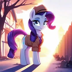 Size: 2048x2048 | Tagged: safe, ai content, derpibooru import, machine learning generated, rarity, unicorn, clothes, detective, detective rarity, fedora, female, hat, image, png, prompter:ponaiart, solo