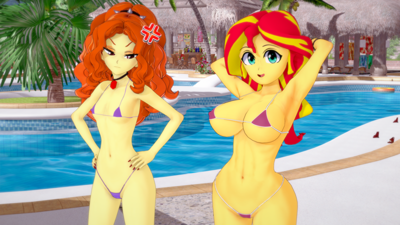 Size: 2560x1440 | Tagged: suggestive, artist:misunderstoodsecrets, derpibooru import, adagio dazzle, sunset shimmer, human, equestria girls, 3d, arm behind head, armpits, belly button, big breasts, bikini, breast envy, breasts, busty sunset shimmer, clothes, cross-popping veins, delicious flat chest, duo, duo female, emanata, erect nipples, female, females only, flatdagio dazzle, hand on hip, image, koikatsu, micro bikini, nipple outline, painted nails, png, small breasts, swimming pool, swimsuit