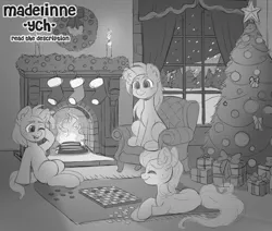 Size: 3269x2778 | Tagged: safe, artist:madelinne, derpibooru import, black and white, candle, chair, checkers, christmas, christmas tree, commission, fire, fireplace, grayscale, holiday, image, lying down, monochrome, night, png, present, sitting, sketch, tree, window, your character here