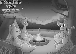 Size: 5000x3535 | Tagged: safe, artist:madelinne, derpibooru import, campfire, commission, guitar, image, lake, moon, musical instrument, nature, night, playing guitar, png, singing, sketch, stars, tent, tree, water, your character here