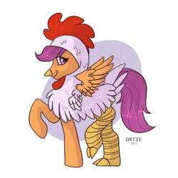 Size: 1024x1024 | Tagged: safe, artist:ortieart, derpibooru import, scootaloo, bird, chicken, pegasus, pony, animal costume, chicken suit, clothes, commission, costume, feather, female, halloween, halloween costume, holiday, image, mare, older, older scootaloo, png, raised hoof, raised leg, scootachicken, simple background, socks, solo, stockings, thigh highs, white background, ych result