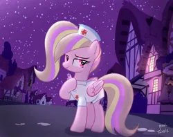 Size: 2048x1623 | Tagged: safe, artist:petaltwinkle, derpibooru import, oc, oc:petal twinkle, unofficial characters only, pegasus, pony, clothes, costume, female, halloween, halloween costume, holiday, image, jpeg, mare, nightmare night costume, nurse, ponyville, smiling, solo, syringe