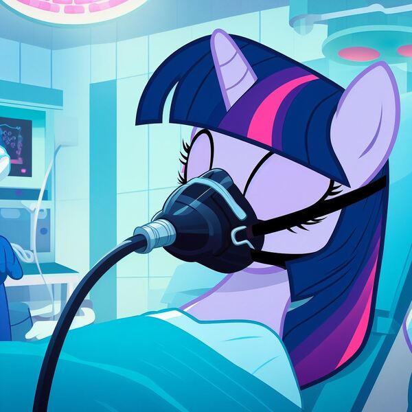 Size: 1024x1024 | Tagged: safe, derpibooru import, machine learning generated, twilight sparkle, human, unicorn, ai content, anesthesia, anesthesia mask, black anesthesia mask, breathing mask, clothes, generator:bing image creator, hose, hospital gown, image, jpeg, medical, science fiction, sedation, sleeping, surgery