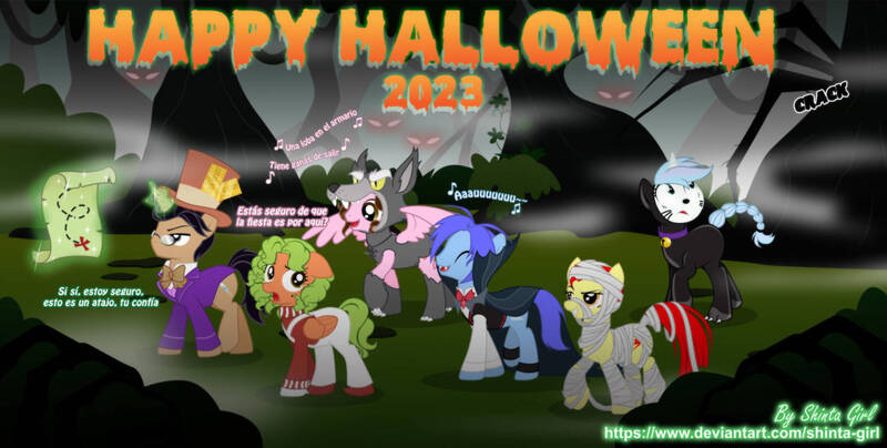 Size: 1258x635 | Tagged: safe, artist:shinta-girl, derpibooru import, oc, oc:frozen rose, oc:shinta pony, oc:taekwon magic, angel pony, cat, original species, undead, vampire, wolf, aaron pony, angel, dracula, group, halloween, holiday, image, joshka, jpeg, mommy, oompaloompa, willy wonka