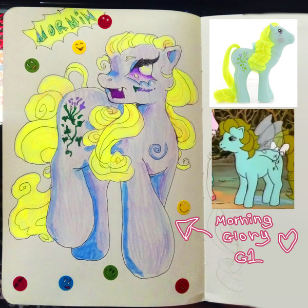 Size: 1280x1280 | Tagged: safe, artist:larvaecandy, derpibooru import, morning glory, flutter pony, pony, g1, image, jpeg, traditional art, wingless, wingless flutter pony