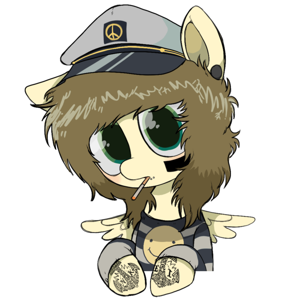 Size: 999x999 | Tagged: safe, artist:cactuscruncher, derpibooru import, ponified, pegasus, pony, blushing, brown mane, bust, christofer drew, cigarette, clothes, derpibooru exclusive, dilated pupils, ear piercing, emo, face paint, feather, gauges, green eyes, hat, image, lip piercing, looking at you, male, messy mane, one ear down, piercing, png, sailor hat, shiny eyes, shirt, simple background, smoking, solo, spider bites, spread wings, stallion, striped shirt, sweater, tattoo, transparent background, wings, yellow coat