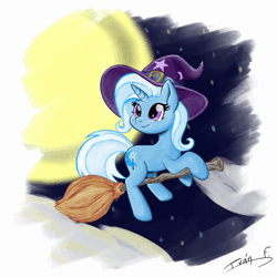 Size: 1280x1280 | Tagged: safe, artist:memprices, derpibooru import, trixie, pony, unicorn, children of the night, animated, broom, clip studio paint, clothes, flying, flying broomstick, hat, image, moon, music, pencil drawing, smiling, solo, speedpaint, starry night, time-lapse, traditional art, trixie's hat, video, watercolor painting, webm, witch costume, witch hat