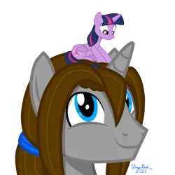 Size: 3072x3072 | Tagged: safe, artist:twiny dust, derpibooru import, twilight sparkle, twilight sparkle (alicorn), oc, oc:dust, alicorn, pony, unicorn, blue eyes, brown mane, female, hair tie, horn, image, looking at each other, looking at someone, looking down, looking up, male, mare, micro, multicolored hair, multicolored mane, multicolored tail, png, ponytail, purple eyes, simple background, sitting on head, size difference, smiling, stallion, striped mane, striped tail, tail, tiny, tiny ponies, unicorn oc