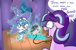 Size: 1413x928 | Tagged: safe, artist:jargon scott, derpibooru import, starlight glimmer, trixie, pony, unicorn, clothes, duo, electrocution, female, floppy ears, foil, image, jpeg, mare, married with children, microwave, no ma'am, open mouth, s5 starlight, screaming, shirt, smiling, squatpony, t-shirt