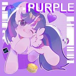 Size: 3500x3500 | Tagged: safe, artist:不可食用骨, derpibooru import, part of a set, twilight sparkle, twilight sparkle (alicorn), alicorn, pony, :p, chibi, cute, female, g4, high res, horn, image, looking at you, mare, one eye closed, png, raised hoof, smiling, smiling at you, solo, spread wings, tongue out, twiabetes, wings, wink, winking at you