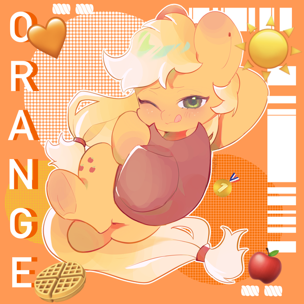 Size: 3500x3500 | Tagged: safe, artist:不可食用骨, derpibooru import, part of a set, applejack, earth pony, pony, :p, applejack's hat, blushing, chibi, cowboy hat, cute, eyebrows, female, freckles, frog (hoof), g4, hat, high res, image, jackabetes, looking at you, mare, one eye closed, png, smiling, smiling at you, solo, tongue out, underhoof, wink, winking at you