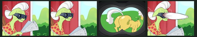 Size: 4096x774 | Tagged: suggestive, artist:rocket-lawnchair, derpibooru import, grand pear, granny smith, earth pony, pony, butt, cartoon physics, comic, duo, duo male and female, eye bulging, female, image, jpeg, large butt, male, mare, meme, newspaper, plot, stallion, the ass was fat