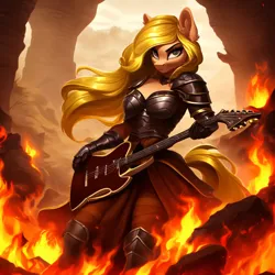 Size: 4096x4096 | Tagged: safe, derpibooru import, machine learning generated, oc, oc:sophie hoofington, anthro, earth pony, pony, ai content, armor, blonde hair, clothes, epic, female, fire, guitar, heavy metal, image, jpeg, knight, looking at you, metal as fuck, musical instrument, ruins, scenery, solo, solo female, standing
