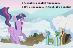 Size: 972x648 | Tagged: safe, derpibooru import, edit, edited screencap, editor:korora, screencap, twilight sparkle, snake, unicorn, season 1, winter wrap up, badger badger badger, cropped, image, lyrics, png, snow, song reference, terrified, text, unicorn twilight