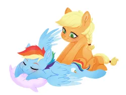 Size: 2160x1620 | Tagged: safe, artist:treeandtree, artist:树与猹, derpibooru import, applejack, rainbow dash, earth pony, pegasus, pony, appledash, blushing, colored eyebrows, cute, dashabetes, duo, duo female, eyebrows, eyes closed, female, freckles, g4, hatless, image, jackabetes, lesbian, lying down, mare, massage, missing accessory, pillow, png, prone, shipping, simple background, smiling, white background, wings