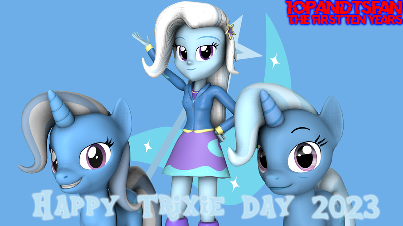 Size: 3840x2160 | Tagged: safe, artist:optimussparkle, derpibooru import, trixie, equestria girls, blue background, boots, clothes, high heel boots, hoodie, image, png, shirt, shoes, simple background, skirt, trixie day