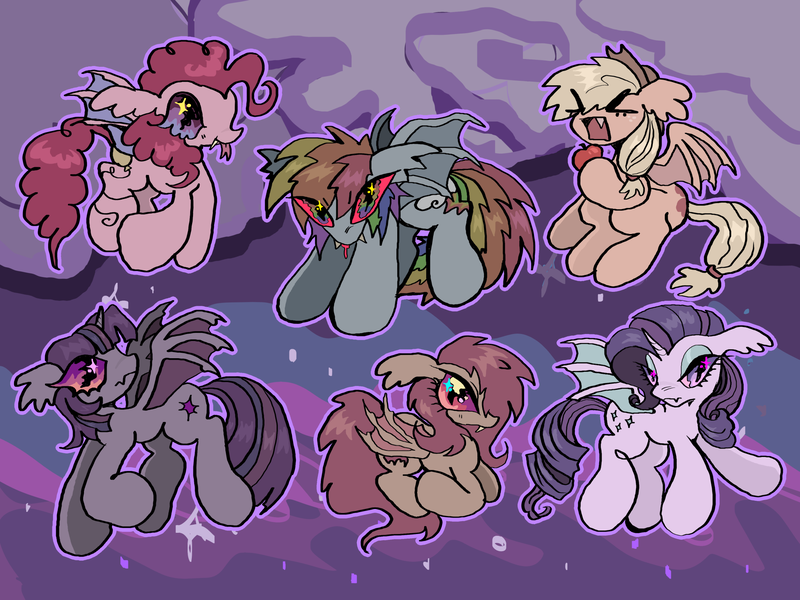 Size: 2048x1536 | Tagged: safe, artist:larvaecandy, derpibooru import, applejack, fluttershy, pinkie pie, rainbow dash, rarity, twilight sparkle, alicorn, bat pony, bat pony alicorn, bat pony unicorn, hybrid, pony, unicorn, applebat, bat ponified, bat wings, flutterbat, horn, image, mane six, pinkiebat, png, race swap, rainbowbat, raribat, twibat, wings