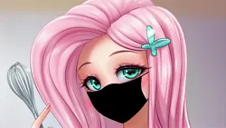 Size: 3840x2160 | Tagged: safe, artist:brokenadam, artist:racoonsan, derpibooru import, edit, fluttershy, human, equestria girls, blushing, butterfly hairpin, coronavirus, covid-19, face mask, humanized, image, jpeg, mask, pink hair, turquoise eyes, whisk