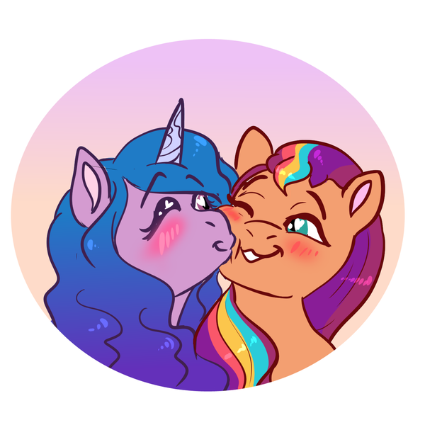 Size: 1500x1500 | Tagged: safe, artist:miyalaflordorada, derpibooru import, izzy moonbow, sunny starscout, earth pony, pony, unicorn, g5, blush lines, blushing, bust, cute, eyebrows, eyebrows visible through hair, eyes closed, female, image, izzyscout, kiss on the cheek, kissing, lesbian, mare, png, shipping, simple background, smiling, white background