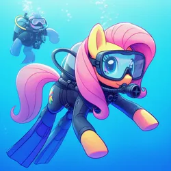 Size: 1024x1024 | Tagged: safe, derpibooru import, machine learning generated, fluttershy, pegasus, pony, ai content, dive mask, flippers (gear), generator:bing image creator, goggles, image, jpeg, oxygen tank, scuba diving, scuba gear, scuba tank, underwater, water, wetsuit
