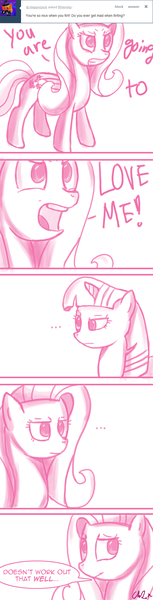 Size: 488x1920 | Tagged: dead source, safe, artist:flirtershy, derpibooru import, fluttershy, twilight sparkle, pegasus, pony, unicorn, ..., ask, bust, comic, dialogue, female, image, lesbian, mare, monochrome, png, ship:twishy, shipping, simple background, tumblr, unicorn twilight, white background, you're going to love me