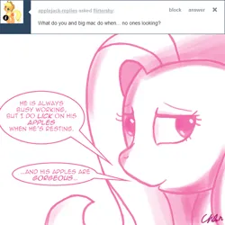 Size: 1000x1000 | Tagged: dead source, suggestive, artist:flirtershy, derpibooru import, fluttershy, pegasus, pony, ask, bust, close-up, dialogue, female, image, implied big macintosh, implied fluttermac, implied licking, implied shipping, implied straight, mare, monochrome, png, simple background, solo, tumblr, white background
