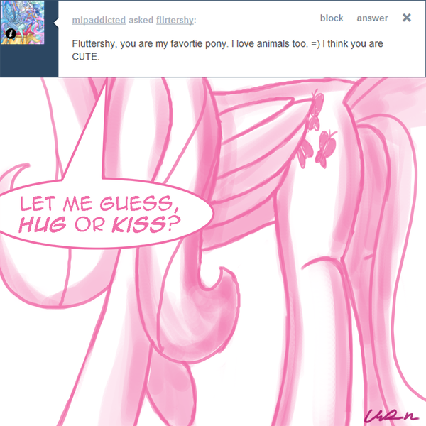 Size: 1000x1000 | Tagged: dead source, safe, artist:flirtershy, derpibooru import, fluttershy, pegasus, pony, ask, butt, dialogue, female, flutterbutt, head out of frame, image, mare, monochrome, plot, png, simple background, solo, tumblr, white background