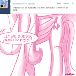 Size: 1000x1000 | Tagged: dead source, safe, artist:flirtershy, derpibooru import, fluttershy, pegasus, pony, ask, butt, dialogue, female, flutterbutt, head out of frame, image, mare, monochrome, plot, png, simple background, solo, tumblr, white background