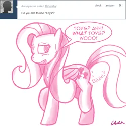 Size: 1000x1000 | Tagged: dead source, suggestive, artist:flirtershy, derpibooru import, fluttershy, pegasus, pony, ask, blushing, dialogue, female, image, implied insertion, implied masturbation, implied sex toy, mare, monochrome, onomatopoeia, png, simple background, solo, sweat, sweatdrop, tumblr, white background