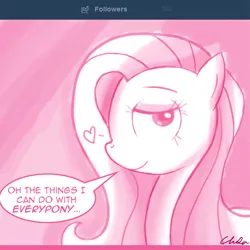 Size: 1000x1000 | Tagged: dead source, safe, artist:flirtershy, derpibooru import, fluttershy, pegasus, pony, bedroom eyes, dialogue, female, flirting, heart, image, looking at you, mare, monochrome, png, smiling, smiling at you, solo