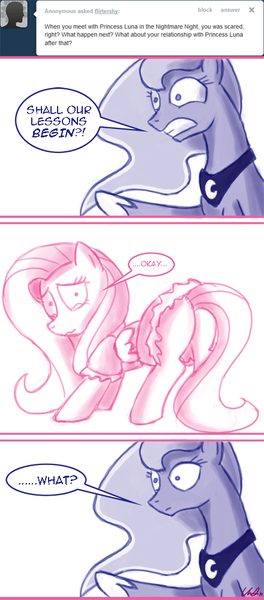 Size: 440x1000 | Tagged: dead source, safe, artist:flirtershy, derpibooru import, fluttershy, princess luna, alicorn, pegasus, pony, luna eclipsed, ask, butt, clothes, comic, confused, dialogue, dress, female, image, lesbian, lunashy, maid, mare, missing cutie mark, plot, png, presenting, shipping, simple background, teary eyes, tumblr, white background