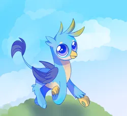 Size: 1940x1780 | Tagged: safe, artist:aureate serene, derpibooru import, gallus, gryphon, big eyes, cloud, derpibooru exclusive, grass, grass field, green sky, happy, hill, image, joy, male, png, purple eyes, younger gallus