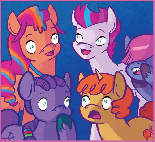 Size: 796x728 | Tagged: safe, artist:kate sherron, derpibooru import, idw, sunny starscout, unnamed character, unnamed pony, zipp storm, earth pony, pegasus, pony, unicorn, g5, spoiler:comic, spoiler:comiccampbighoof, spoiler:comiccampbighoof4, spoiler:g5comic, camp bighoof, female, filly, foal, gradient background, group, image, jpeg, mare, quintet