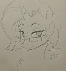 Size: 1886x2048 | Tagged: safe, artist:thelunarmoon, derpibooru import, oc, oc:empathy, unofficial characters only, pony, unicorn, bust, female, freckles, glasses, image, jpeg, lidded eyes, looking at you, mare, monochrome, solo, traditional art