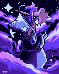 Size: 3277x4096 | Tagged: safe, artist:poxy_boxy, derpibooru import, oc, unofficial characters only, pony, unicorn, cloak, clothes, commission, hat, image, jpeg, limited palette, looking up, male, signature, solo, stallion, stars, wizard hat