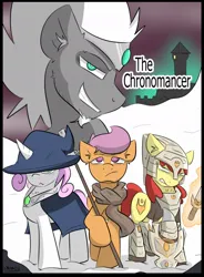 Size: 754x1024 | Tagged: safe, artist:kingkrail, derpibooru import, apple bloom, scootaloo, sweetie belle, oc, oc:the chronomancer, earth pony, pegasus, pony, unicorn, fanfic, alternate universe, armor, cape, castle, clothes, crown, facial hair, fanfic art, fanfic cover, fantasy, goatee, hat, image, jewelry, jpeg, looking at you, looking up, regalia, scarf, snow, staff, sword, weapon, white mane, witch hat