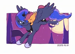 Size: 2586x1860 | Tagged: safe, artist:mekab_d, derpibooru import, princess luna, scootaloo, alicorn, pegasus, pony, cute, cutealoo, duo, eyes closed, female, filly, flying, foal, full moon, image, jpeg, looking at each other, looking at someone, lunabetes, mare, moon, open mouth, open smile, ponies riding ponies, riding, scootalove, smiling, spread wings, wings
