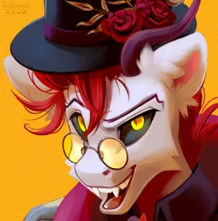 Size: 2448x2480 | Tagged: safe, artist:teaflower300, derpibooru import, oc, unofficial characters only, pony, black sclera, clothes, eyebrows, fangs, glasses, hat, horns, image, male, png, raised eyebrow, solo, stallion