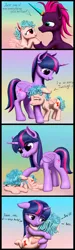 Size: 539x1800 | Tagged: safe, artist:vasillium, derpibooru import, cozy glow, fizzlepop berrytwist, tempest shadow, twilight sparkle, twilight sparkle (alicorn), alicorn, pegasus, pony, unicorn, a better ending for cozy, artificial horn, child, comic, crying, cute, female, filly, foal, good end, hoof hold, hug, image, jpeg, mare, text