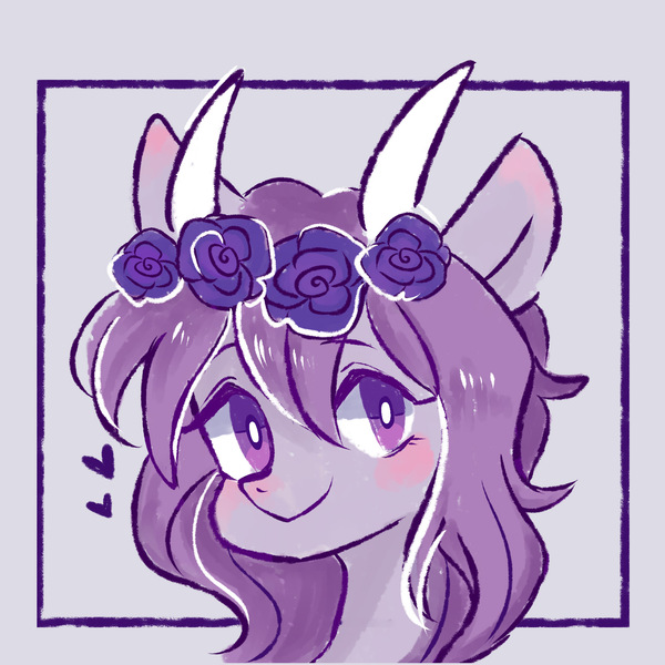 Size: 2000x2000 | Tagged: safe, artist:meowmeows4872, derpibooru import, oc, unofficial characters only, pony, abstract background, blushing, bust, commission, female, floral head wreath, flower, heart, horns, image, jpeg, mare