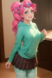 Size: 1024x1536 | Tagged: safe, derpibooru import, editor:sammykun, machine learning generated, stable diffusion, pinkie pie, human, equestria girls, ai content, blurry background, breasts, busty pinkie pie, candy, clothes, cosplay, costume, disney, disney princess, food, hoodie, image, indoors, jacket, long hair, long sleeves, looking at you, miniskirt, open mouth, pleated skirt, png, ponytail, prompter:sammykun, reasonably sized breasts, skirt, smiling, socks, teeth, thigh highs, vanellope von schweetz, wreck-it ralph