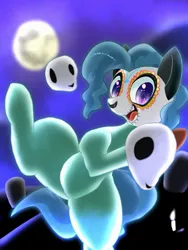 Size: 1650x2200 | Tagged: safe, artist:kushina13, derpibooru import, petunia paleo, earth pony, pony, bipedal, catrina (calavera garbancera), dia de los muertos, face paint, female, filly, foal, full moon, hoof hold, image, jpeg, looking at you, moon, open mouth, open smile, skull, smiling, smiling at you, solo, standing, standing on one leg