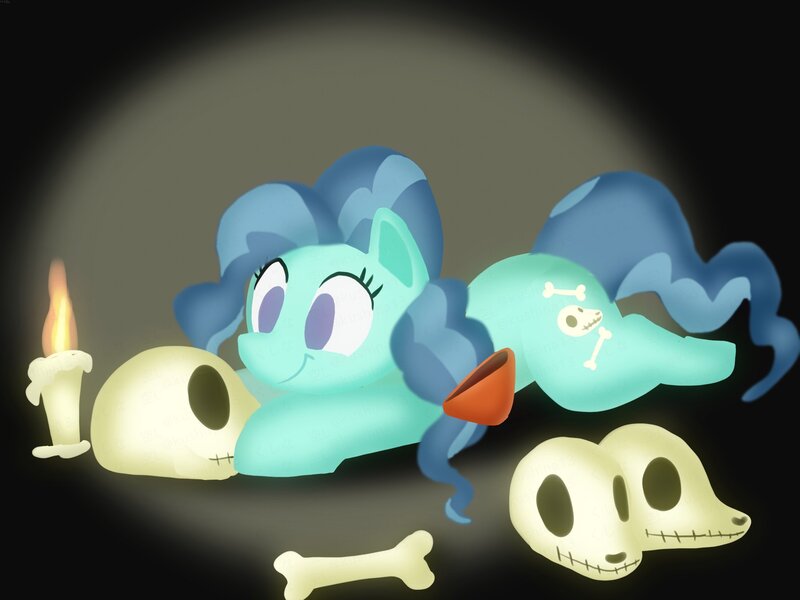 Size: 2200x1650 | Tagged: safe, alternate version, artist:kushina13, derpibooru import, petunia paleo, earth pony, pony, candle, female, filly, foal, image, jpeg, lying down, prone, skull, smiling, solo, sploot