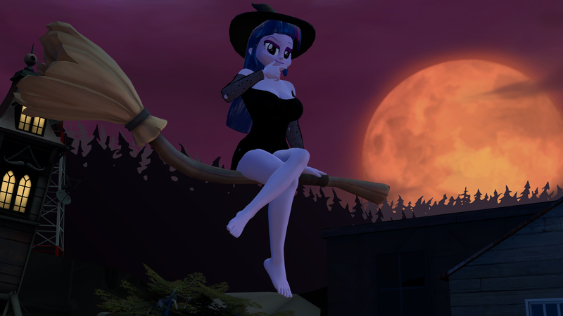 Size: 5120x2880 | Tagged: safe, artist:mr-wolfapex, derpibooru import, twilight sparkle, equestria girls, 3d, barefoot, breasts, broom, busty twilight sparkle, feet, floating, gmod, halloween, hat, holiday, image, moon, night, png, sexy, thinking, witch, witch hat