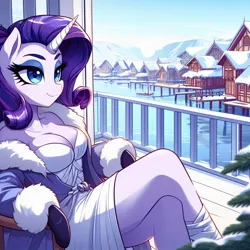 Size: 1024x1024 | Tagged: suggestive, derpibooru import, machine learning generated, rarity, anthro, ai content, big breasts, boat, breasts, busty rarity, cleavage, clothes, crossed legs, docks, dress, female, generator:dall-e 3, gloves, ice, image, jpeg, lidded eyes, mountain, railing, robe, snow, solo, solo female, village, water