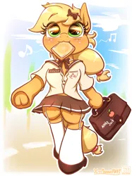 Size: 2250x3011 | Tagged: safe, artist:phoenixrk49, derpibooru import, applejack, earth pony, pony, semi-anthro, bread, clothes, cute, eye clipping through hair, female, food, frog (hoof), garter, hoof hold, image, jackabetes, mare, mouth hold, music notes, png, school uniform, socks, solo, stockings, thigh highs, toast, underhoof