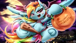 Size: 4000x2250 | Tagged: safe, artist:phoenixrk49, derpibooru import, rainbow dash, pegasus, pony, bat wings, belly button, blush lines, blushing, bracelet, broom, choker, female, flying, flying broomstick, frog (hoof), full moon, hoofbutt, image, mare, moon, night, open mouth, open smile, png, pumpkin bucket, riding, smiling, solo, spiked choker, spiked wristband, spread wings, underhoof, vampire costume, wings, wristband